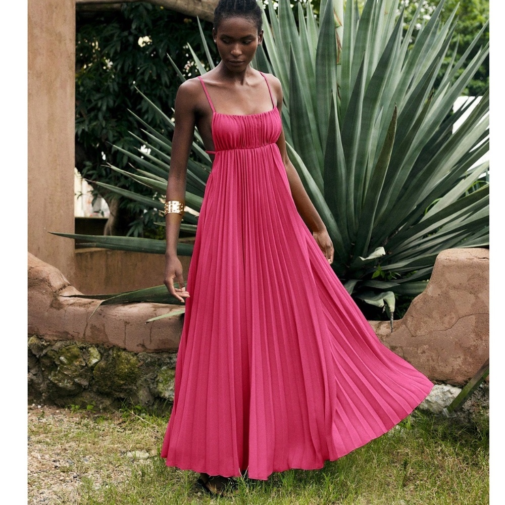Pink Pleated Maxi Babydoll Dress Open Back Flowy Skirt Tie Straps